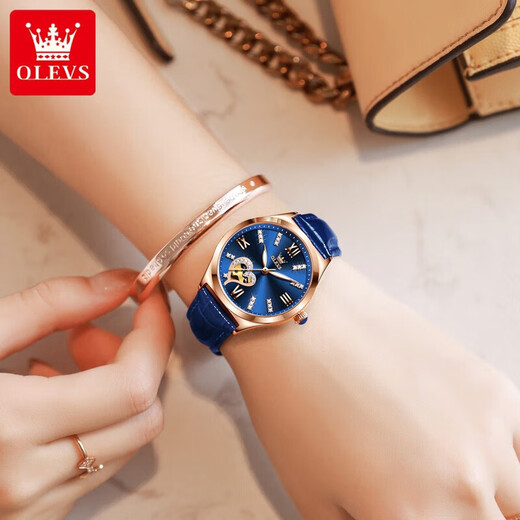 OLEVS Swiss certified brand watches for women mechanical watches fully automatic hollow women's watches for birthday gifts for girlfriend and wife. Upgraded enhanced version 6636-Blue leather rose shell blue face [lifetime warranty]