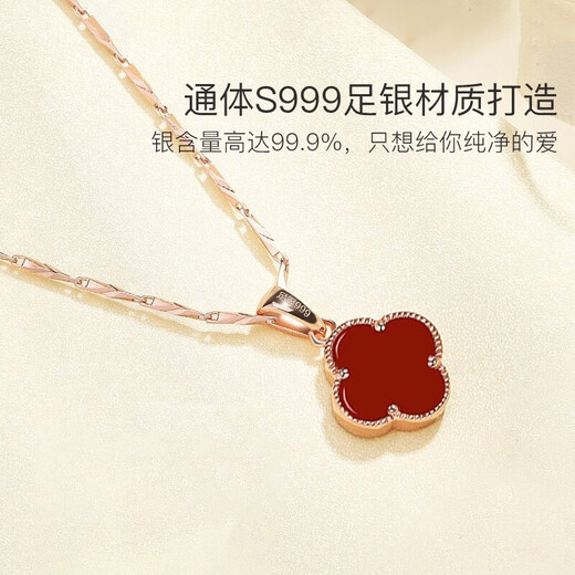 Wanhan 999 pure silver four-leaf clover necklace for women, rose gold clavicle chain, agate pendant, Valentine's Day birthday gift for girlfriend, rose gold (red agate) + jewelry gift box