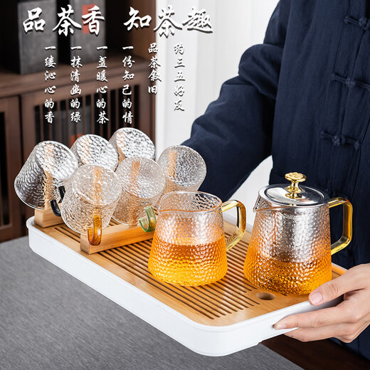 Niannian Xinyuan glass tea set household Kung Fu tea cup teapot tea set simple heat-resistant office tea drinking set Elegant pot + 2 gold dragon pattern cups 3 pieces