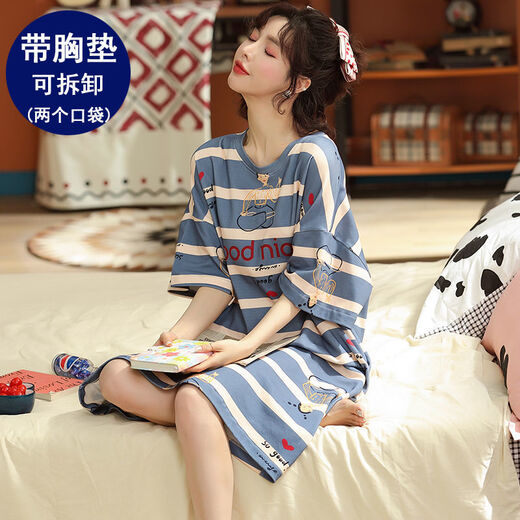 Nightgown with breast pad for women for summer cotton short sleeves plus fat plus size 200 Jin [Jin equals 0.5 kg] No wear bra to wear pajamas FY-6624 L-Breast pad (95-110 Jin [Jin equals 0.5 kg])