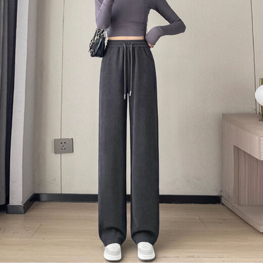 红蜻蜓窄版阔腿裤女2025春秋新款休闲长裤女加绒春季运动直筒裤子 689#深灰色长裤- 加绒 超柔绒 M