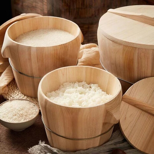 Steamed rice wooden barrel, fir wood steamed rice barrel, kitchen large and small rice steaming artifact, household commercial steamer, handmade, low sugar, 24cm wooden bottom with lid, steamed about 2.5Jin, Jin is equal to 0.5kg of rice