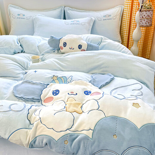Cartoon milk velvet four-piece winter bed sheet quilt cover cute appliqué embroidered children's quilt cover coral velvet thickened warm big-eared dog blue Class A thermal storage constant temperature warmth 1.8m bed sheet four-piece set quilt cover 200x230