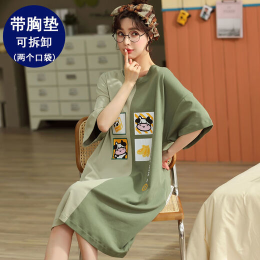 Nightgown with breast pad for women for summer cotton short sleeves plus fat plus size 200 Jin [Jin equals 0.5 kg] No wear bra to wear pajamas FY-6624 L-Breast pad (95-110 Jin [Jin equals 0.5 kg])