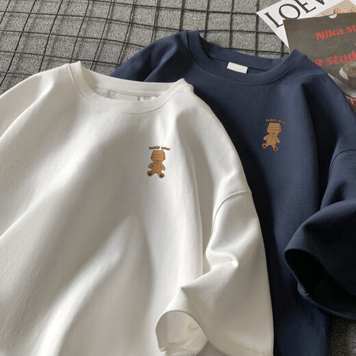 500g heavy 200 T-shirts for men in summer European and American fashion brand small neckline pure cotton short-sleeved couple outfit American five-point sleeve Violent bear-white S 90-120Jin[Jin equals 0.5 kg]