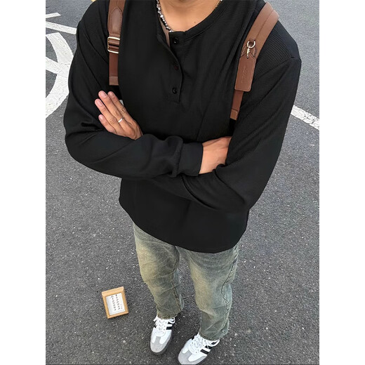 Digada American Henry collar waffle sweatshirt for men in autumn and winter plus velvet inner layering shirt casual long-sleeved T-shirt top CQS-1381 black plus velvet M