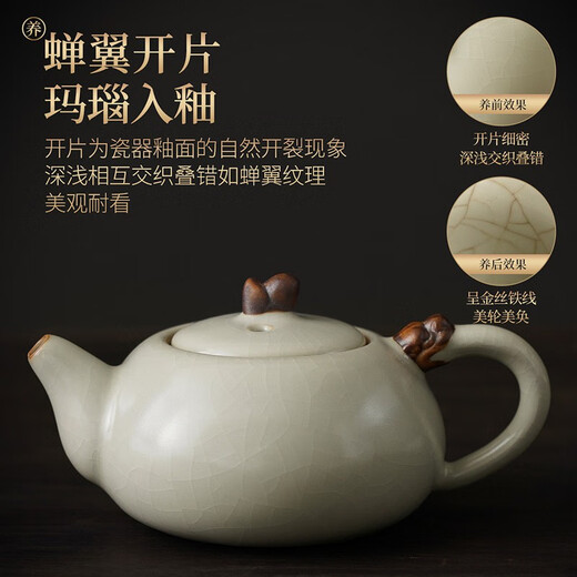 Qixuanyuan Beige Ru Kiln Kung Fu Tea Set Ceramic Teapot Cover Bowl Teacup Tea Tray Office Tea Set Complete Household Beige Ru Kiln Hometown Auspicious Pot 9-piece Set + Tea Tray