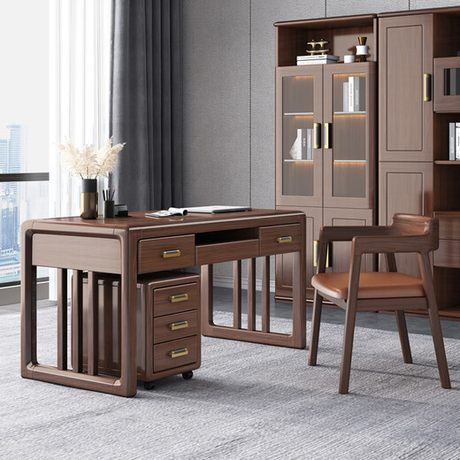 XIAOMUWO desk New Chinese style solid wood desk and chair combination computer desk walnut study desk office desk 1.35m desk assembly