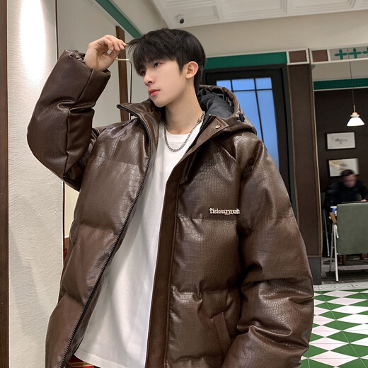 Poke Mailad PU leather cotton jacket men's hooded winter new American fashion brand thickened warm large size loose cotton jacket brown XL 130-150Jin Jin equals 0.5 kg