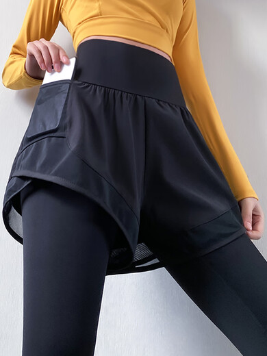 LULU CENTURY Yoga Pants Women's High Waist Fake Two-Piece Running Quick-Drying Tight High-Elastic Pilates Training Gym Dance Pants Black M (Recommended 95-118 Jin Jin equals about 0.5 kg)