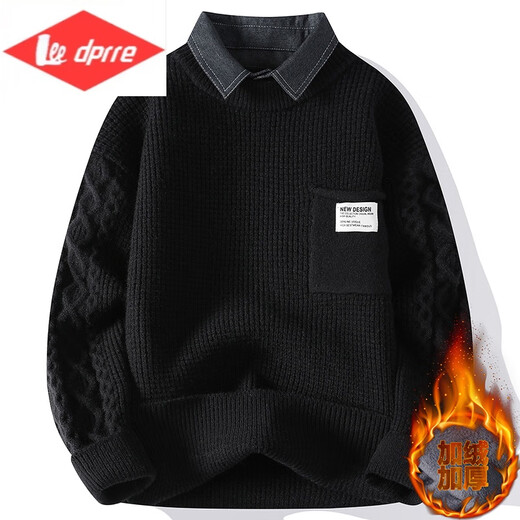 Lee dprre男士衬衫领毛衣秋冬季加绒加厚假两件毛线衣青年休闲打底针织衫男 M9923米白 M