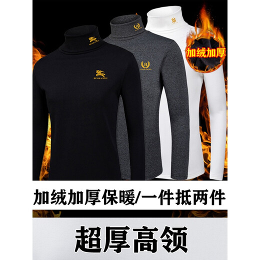 Scarecrow winter men's turtleneck bottoming shirt men's velvet thickened long-sleeved T-shirt pure cotton slim trend top turtleneck black wheat ear S