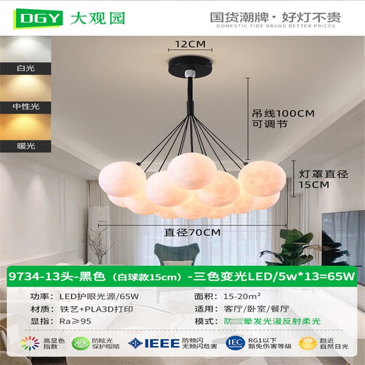 大观园（DGY）月球泡泡灯客厅吊灯温馨卧室书房餐厅吊灯卡通星球灯中山灯具O001 9734黑色13头-三色-白球15cm大球