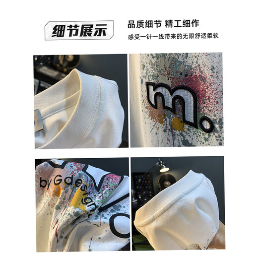 Lomon American Trendy Retro Camiseta de manga corta Camiseta de manga corta Menores pesados ​​Cabello redondo de algodón medio de mangas