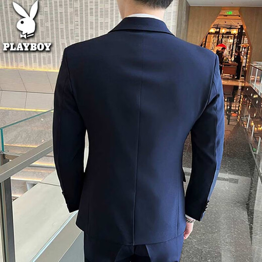 花花公子【高档】西装男套装男士修身商务休闲正装西服男伴郎新郎礼服外套 黑色双扣套装+马甲+衬衫+大礼包 2XL