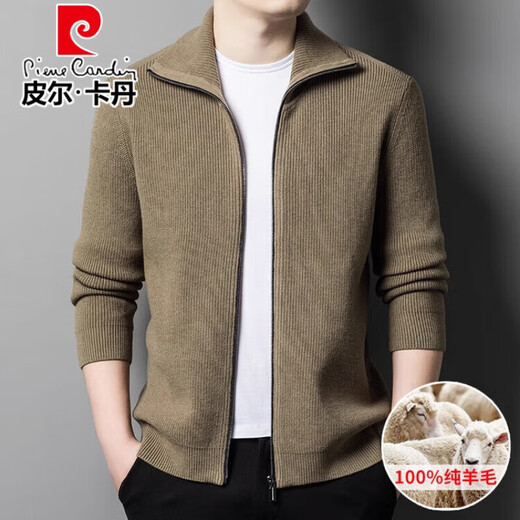
Pier Cardin wool knitted cardigan men 100% pure wool 2024 autumn and winter thickened casual lapel zipper sweater jacket men tea green L size 170