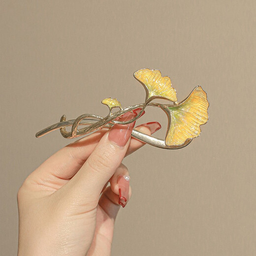 Yidaier ginkgo hoja de la hoja hebilla de horquilla de la cabeza al estilo chino clip de una línea temperamento de alta gama elegante tocado de tocado de nicho sansheng, albaricoque, agarre f1327