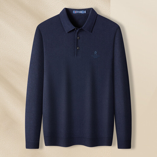 MONTAGUT Sheep Wool Blended Autumn and Winter Men's Polo Shirt Long Sleeve Embroidered Soft Knitted T-Shirt Navy 50