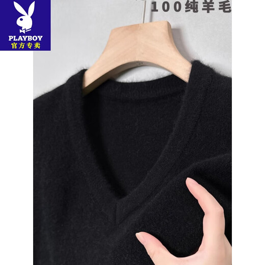 花花公子（PLAYBOY）冬季加厚V领羊毛衫男士100纯羊毛针织保暖套头鸡心领羊毛绒毛衣 V领黑灰 XL 175建议135-155斤