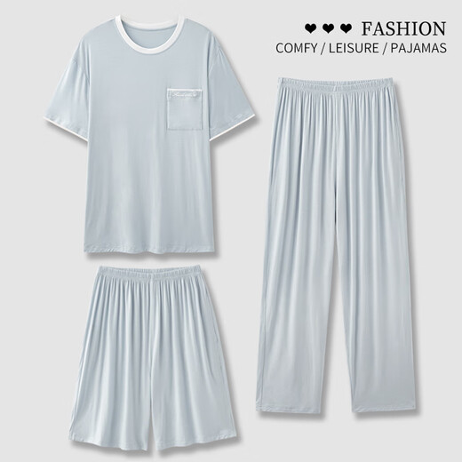 Heart-suggested Modal pajamas men's summer short-sleeved short-length trousers three-piece set for middle-aged and elderly thin large-size dad's home clothes 1695-3# (short-sleeved shorts + trousers) L men's 100-130Jin [Jin equals 0.5 kg]