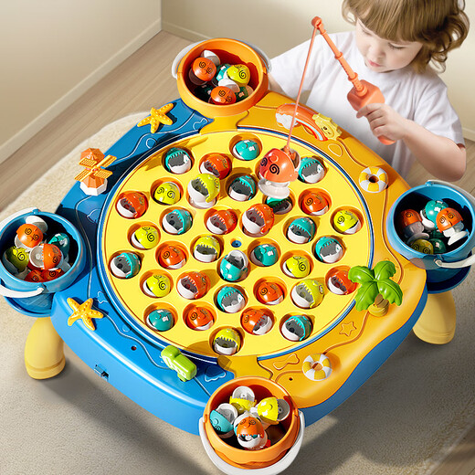 Meibosen Large Children's Fishing Toy Electric Rotating Magnetic Fishing Rod with Sound Effects Baby Toy 1 to 6 Years Old Blue Extra Large Fishing Tray + 63-piece Set + Table Legs Rechargeable Version Charger + Battery + Screws