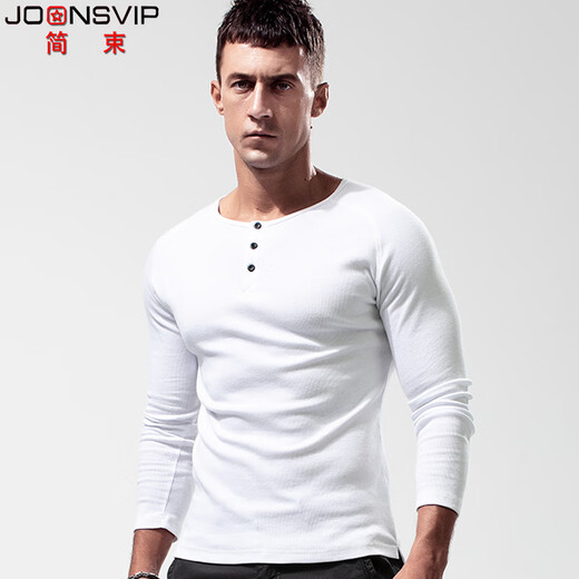 Simple henley shirt men's long-sleeved T-shirt henley collar simple American retro heavyweight sports fitness slim thread solid color cotton bottoming shirt black XL/73kg