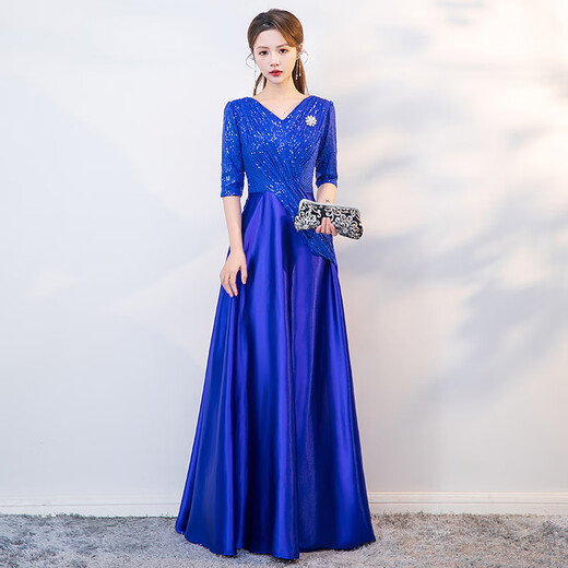 Weixuan high-end annual meeting female host dress host dress 2024 new evening dress long banquet birthday party champagne color 3XL130Jin Jin equals 0.5 kg one size