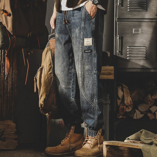 
Post-exploration American Harem jeans men's loose 2023 autumn and winter casual pants men's trendy splicing tying pants men's black regular style 4XL (200-220Jin [Jin equals 0.5 kg])