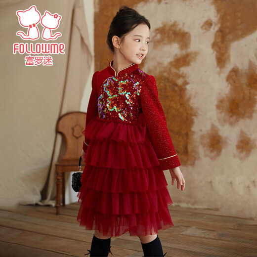 Fuluomi girls' new Chinese style winter velvet warm children's Chinese style New Year's greeting dress red 130cm