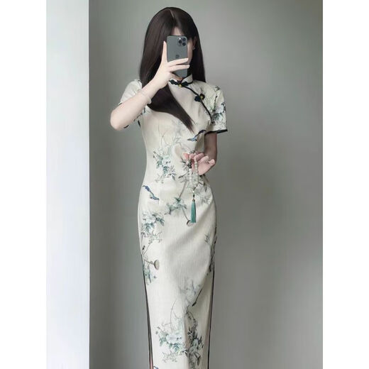 矜持范新中式复古民国风旗袍2025夏季新款年轻款少女显瘦连衣裙女长款 719花枝【不含配饰】 L 建议100-115斤