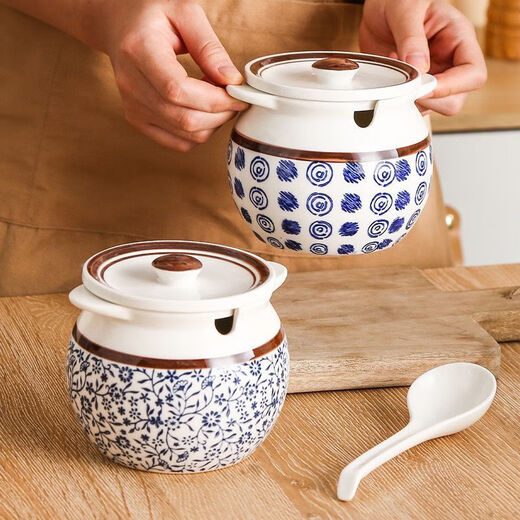 High-temperature ceramic lard jar, thickened amphora oil bottle with spoon and lid, seasoning jar, chili oil bottle, Uncaria thickened with spoon 5Jin Jin is equal to 0.5kg 2500ml