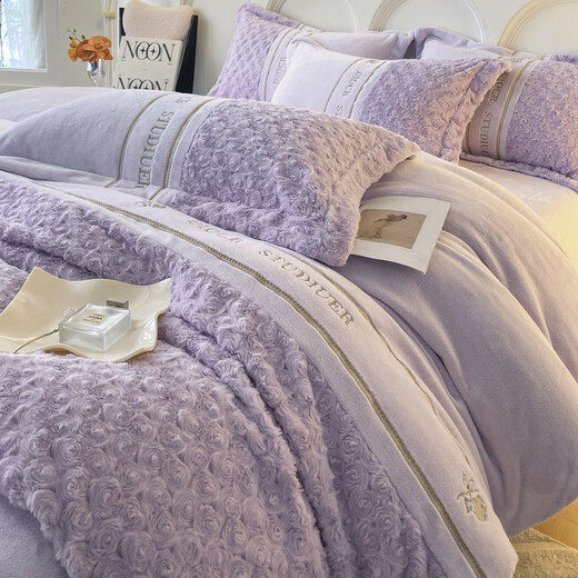 Mercury Series French Winter Warm Milk Velvet Four-piece Set Princess Style Rabbit Plush Quilt Cover Coral Velvet Sheets Style Bedding Non-static Milk Velvet-Purple 1.8m Sheet Style Four-piece Quilt Cover 200x230cm