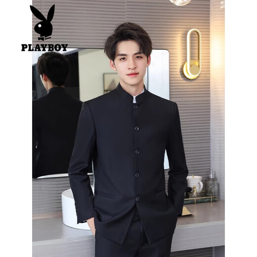 Playboy (PLAYBOY) new Chinese style men's suit men's spring and autumn stand-up collar shoulder pad coat Chinese tunic suit Tang suit casual suit black XL 120-140Jin Jin equals 0.5 kg