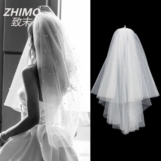 ZHIMO Proposal Veil Registration Small Simple Bride Main Wedding Dress Bow French White E Style Three Pieces Floating Nail Beads Plain Gauze 60cm-80cm