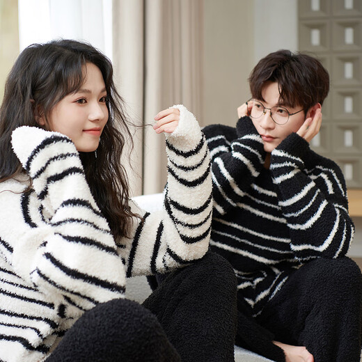 Shaqian couples pajamas winter half velvet plus velvet thickened coral velvet men and women autumn and winter striped warm home clothes