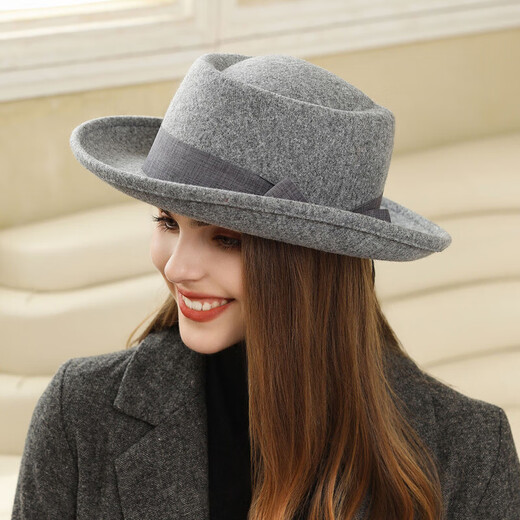 Zunti hat women's autumn and winter wool woolen hat rolled edge flat top retro bow British versatile casual fashion hat gray one size
