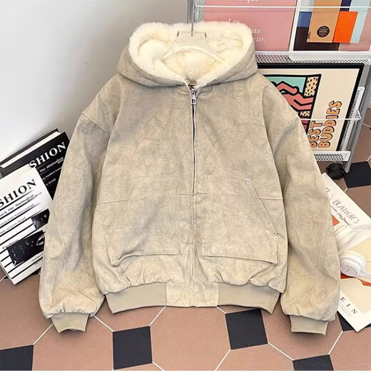 Yiran presents winter velvet thickened hooded cotton coat for men, old American high street retro youth sports warm trendy brand cotton coat, gray apricot L recommended 120-135 Jin Jin equals 0.5 kg