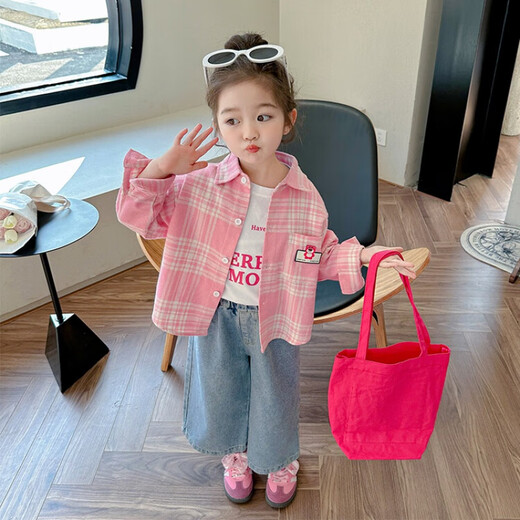 G.duck Little Yellow Duck Girls Plaid Shirt Spring and Autumn Children's Shirt Long Sleeve Children's Jacket Girl Baby Fashion Top Pink 110 Size 4~5 years old 100-110cm