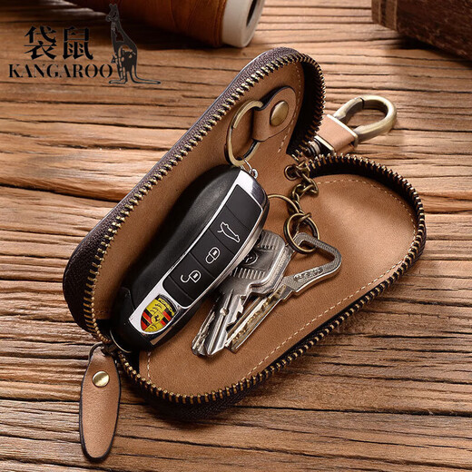Känguru (Känguru) Neuer Retro Leder-Schlüsselbeutel Multifunktional Reißverschluss praktische verrückte Pferdeleder GM Key Bag Schlüsselbraun braun