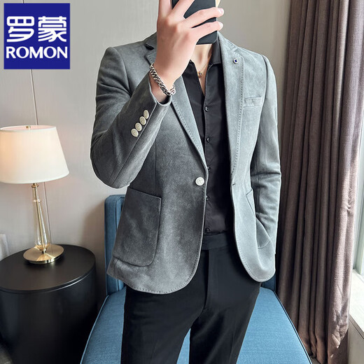 Romon High-End Anti-Wrinkle Suit Men's Spring y Autumn Grey Suede Jacket Sittle Traje Casual Traje Británico 9929 White XL: Adecuado para 139jin [Jin es igual a 0.5 kg]