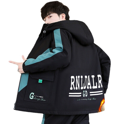 Buxi Kaiden College Student Plus Fleece Jacket Men Thickened Jacket Men Spring and Autumn and Winter Teen Handsome 2024 New Fashion Men's Clothing [Set] 6692 Black Gray + Pants Plus Fleece Thickened 2XL 135-150Jin [Jin equals 0.5 kg]