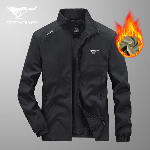 Septwolves new men's jacket spring and autumn business casual winter warm large size young and middle-aged loose stand-up collar pure black plus velvet XL recommended 130-150Jin Jin equals 0.5 kg