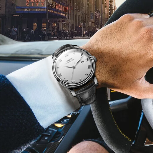 Lobinni Men de montre masculine entièrement automatique mécanique pour hommes Watch Student Belt Business Business Watch 12033 Silver Shell White Face Black Cuir