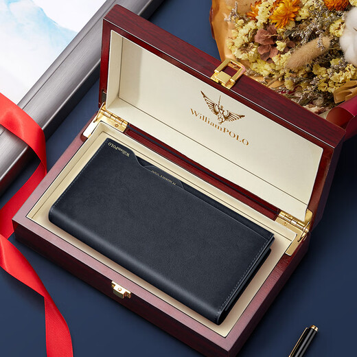 Williampolo Paul Wallet Echtes Leder-Herren Langer Top-Top-Kauflatten mit großer Kapazitätskarte Vatertagsgeschenk für Papa P24QB165-Solid-Holz Geschenkbox (Anmerkungen Farbe)