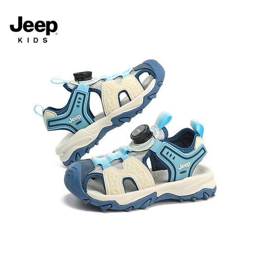 Jeep children's toe-toe sandals boys lightweight breathable casual shoes 2025 girls summer hollow anti-slip beach shoes white/blue 29 shoe inner length approximately 18.4cm