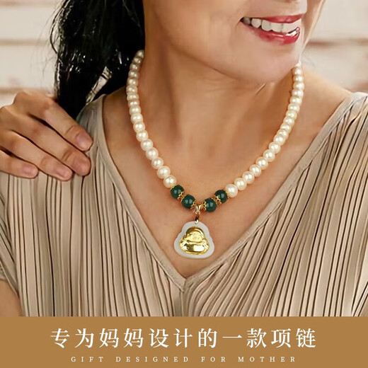 Zhou Dajin CHOW TAI KING Freshwater Pearl Necklace for Mothers Gold Inlaid Jade Buddha Pendant Birthday Gift Practical for Mother-in-law and Elders