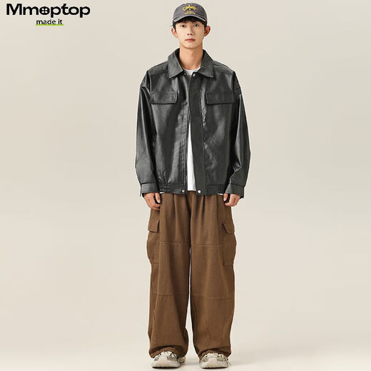 MMOPTOP潮牌美式鳄鱼纹PU皮衣外套男士春秋季翻领机车夹克YH26 黑色 L