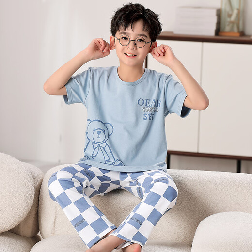 Mannido Pajamas Pajamas Boys Summer Pantalones de manga corta Algodón puro Niños delgados niños de tamaño mediano Set de ropa para el hogar de algodón de algodón F728 [Longitud corta] m Código recomendado 155-160 cm