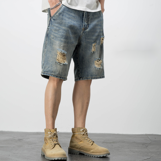 Boyuni American Casual Retro Bettler zerrissen Denim Shorts Männer lose trendige hübsche fünf Punkte Hose Dünne mittelgroße Hosen PG-719 Blau 30