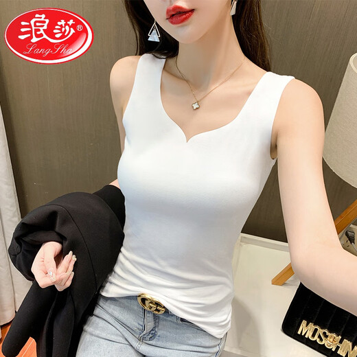 LangSha (LangSha) V-neck pure cotton black and white vest suspender women's large size seamless slim fit autumn and winter inner and outer bottoming shirt white heart collar combed cotton M